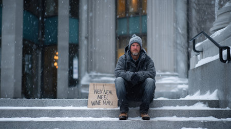A homeless man sitting on the steps of a public building with a sign that says "Need a warm meal," watching the snow fall softly around him.の素材