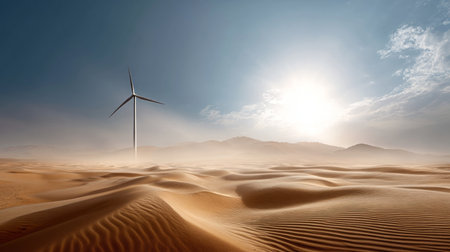 Wind turbine in barren desert landscape with heat waves. Water crisis and water shortages in summer during prolonged droughtの素材