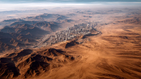 Urban city surrounded by dry, desertified land. Water crisis and water shortages in summer during prolonged droughtの素材