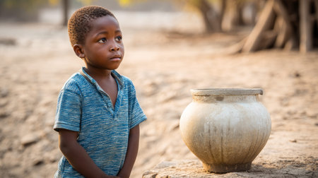 Little boy waiting for drinking water to survive the drought. Water crisis and water shortage in summer during long drought is a global problem of drought on the planetの素材