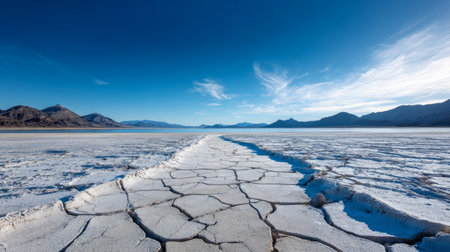 Lifeless lake surrounded by cracked salt flats. Water crisis and water shortage in summer during long drought is a global problem of drought on the planetの素材
