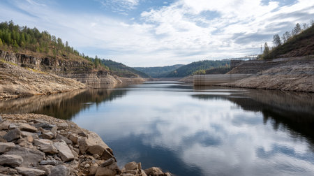 Empty reservoir with visible dam and exposed rock. Water crisis and water shortage in summer during long drought is a global problem of drought on the planetの素材