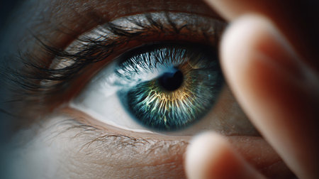 Beautiful, unusual, bright eye close-up with details of light blue iris. Ophthalmologist, buying glasses and optics, advertising vision.の素材