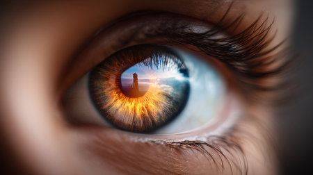 Beautiful, unusual, bright eye close-up with details of light blue iris. Ophthalmologist, buying glasses and optics, advertising vision.の素材