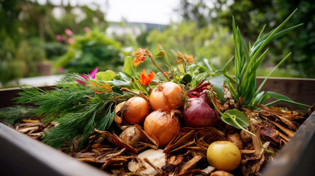 Compost heap in neat boxes and containers against green garden background. Top view. Waste recycling concept. Sustainable and zero waste lifestyle.の素材
