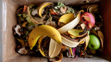 Compost heap in neat boxes and containers against green garden background. Top view. Waste recycling concept. Sustainable and zero waste lifestyle.の素材