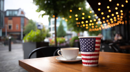 Table in a cafe with disposable tableware with an American flag on it, outdoors, close-up. Election Day in the USA. America Day. Festive Mood on President's Day.の素材