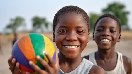 African primary school children playing games. Black children, full of life and joy, enjoying their childhood and playing together. Small faces with big smiles.の素材