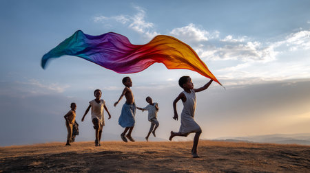 African primary school children playing games. Black children, full of life and joy, enjoying their childhood and playing together. Small faces with big smiles.の素材