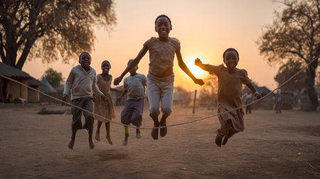 African primary school children playing games. Black children, full of life and joy, enjoying their childhood and playing together. Small faces with big smiles.の素材