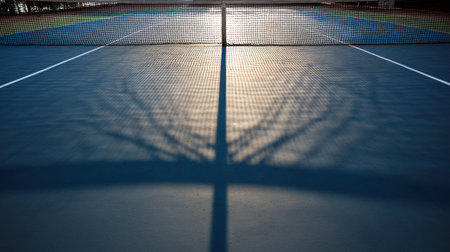 Abstract tennis background for sport game illustration with copy space in minimalist style. Tennis court top view. Ideal for sports events, competitions, poster, background.の素材