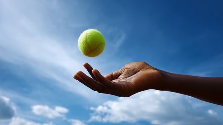 Hand throwing a tennis ball against a blue sky.の素材