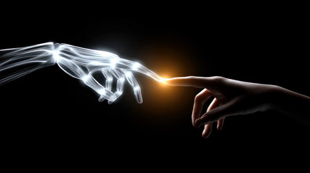 The hand of a modern robot comes into contact with a human hand with backlight on a black background. Artificial Intelligence, Futuristic Digital Technology, Metaverse of Digital Intelligent World.の素材