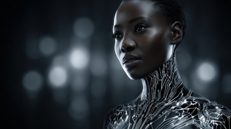 Dark skinned humanoid robot woman in futuristic style. Artificial Intelligence, Futuristic Digital Technology, Metaverse of Digital Intelligent Worldの素材