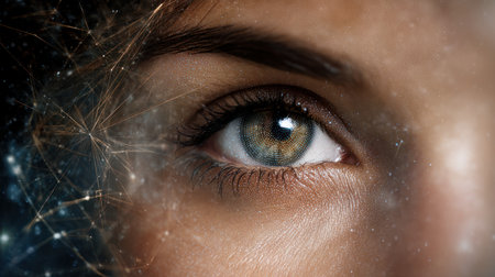 Close-up of a robot's eye with high-tech detailing, showcasing advanced sensors and glowing effects. Artificial Intelligence, Futuristic Digital Technology, Metaverse of Digital Intelligent World.の素材