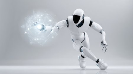 Advanced robot with articulated limbs and holographic interface, minimalist and sleek design. Artificial Intelligence, Futuristic Digital Technology, Metaverse of Digital Intelligent Worldの素材