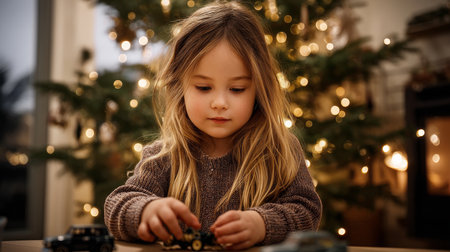 A cute little child in a warm sweater and pajamas decorates the Christmas tree in the living room. Merry Christmas and a Happy New Year! Warm and cozy holiday winter eveningの素材