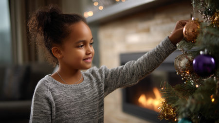 A cute little child in a warm sweater and pajamas decorates the Christmas tree in the living room. Merry Christmas and a Happy New Year! Warm and cozy holiday winter eveningの素材