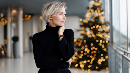 Decorating christmas tree with stylish ribbon. Woman in cozy sweater hanging modern velvet decoration on tree branch close up. Atmospheric winter holiday tradition, family timeの素材