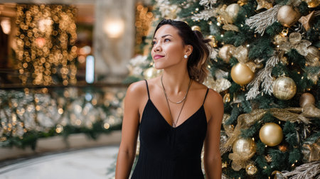 Decorating christmas tree with stylish ribbon. Woman in cozy sweater hanging modern velvet decoration on tree branch close up. Atmospheric winter holiday tradition, family timeの素材