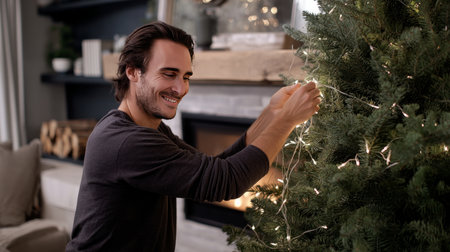 Decorating a Christmas tree with stylish ribbon and ornaments. A close-up of a man in a cozy sweater hanging a modern velvet ornament on a branch. A cozy winter holiday tradition, a family pastimeの素材
