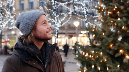 Decorating a Christmas tree with stylish ribbon and ornaments. A close-up of a man in a cozy sweater hanging a modern velvet ornament on a branch. A cozy winter holiday tradition, a family pastimeの素材