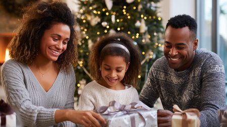 An excited young family is making a Christmas tree at home, preparing for Christmas Eve. A cozy winter holiday tradition, a family time together. A festive New Year's mood in anticipation of a miracleの素材