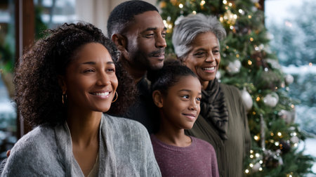 An excited young family is making a Christmas tree at home, preparing for Christmas Eve. A cozy winter holiday tradition, a family time together. A festive New Year's mood in anticipation of a miracleの素材