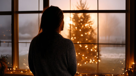 Loneliness during christmas holidays with copy space, holiday contrast, aging, and emotional storytelling.の素材