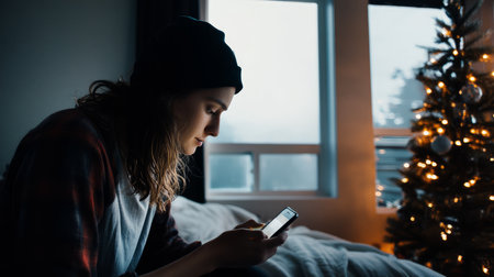 Loneliness during christmas holidays with copy space, holiday contrast, aging, and emotional storytelling.の素材