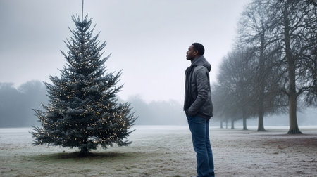 Loneliness during christmas holidays with copy space, holiday contrast, aging, and emotional storytelling.の素材