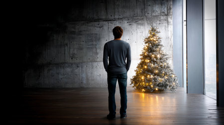 Loneliness during christmas holidays with copy space, holiday contrast, aging, and emotional storytelling.の素材