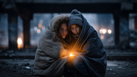 As a result of winter's cold, harshness, and warmth, holidays merge into one moment. The concept of loneliness and social support.の素材