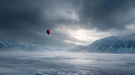 Weather balloon launch in polar cold under cloudy skies. Life in permafrost conditions, climate change problems on the planet. Global warming.の素材