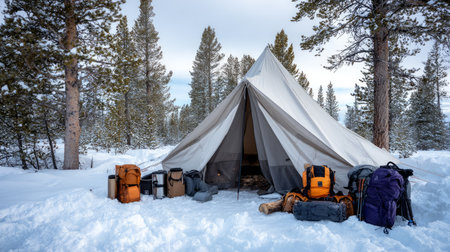 Survival gear left outside a canvas tent with deep snow all around. Life in permafrost conditions, climate change problems on the planet. Global warming.の素材