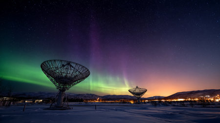 Snow-covered radar dishes facing the aurora sky. Life in permafrost conditions, climate change problems on the planet. Global warming.の素材