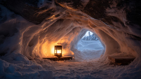 Snow cave lit from within by lantern, hand-built shelter. Life in permafrost conditions, climate change problems on the planet. Global warming.の素材