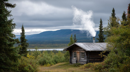 Smoke rising from a chimney in a lone log cabin in Arctic forest. Life in permafrost conditions, climate change problems on the planet. Global warming.の素材