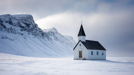 Small Arctic church with steeple rising above snowy tundra. Life in permafrost conditions, climate change problems on the planet. Global warming.の素材