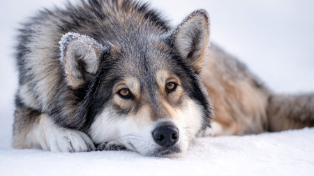 Sled dog resting with frost on its fur after long journey. Life in permafrost conditions, climate change problems on the planet. Global warming.の素材