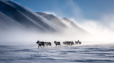 Nomadic herders moving reindeer across frozen tundra, thick fog and cold wind swirling in permafrost valley. Life in permafrost conditions, climate change problems on the planet. Global warming.の素材