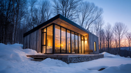 Minimalist cabin covered in snow with warm light inside. Life in permafrost conditions, climate change problems on the planet. Global warming.の素材