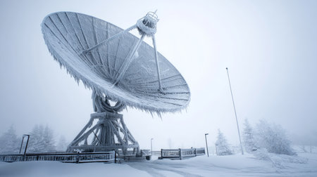 Ice encrusted satellite dish receiving signals in a blizzard. Life in permafrost conditions, climate change problems on the planet. Global warming.の素材