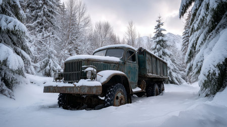 Abandoned military truck half buried in snow, relic of Cold War era. Life in permafrost conditions, climate change problems on the planet. Global warming.の素材