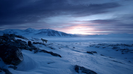 Wildlife surviving in permafrost, Arctic foxes and snow hares in frosty twilight landscape. Life in permafrost conditions, climate change problems on the planet. Global warming.の素材