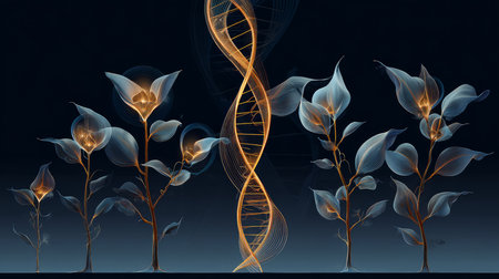 Gene Therapy for Cancer Treatment Concept Cancer therapy with T cells and DNA. Abstract image of human genetics, where glowing DNA mutation threads merge with digital elements.の素材