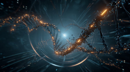 Gene Therapy for Cancer Treatment Concept Cancer therapy with T cells and DNA. Abstract image of human genetics, where glowing DNA mutation threads merge with digital elements.の素材