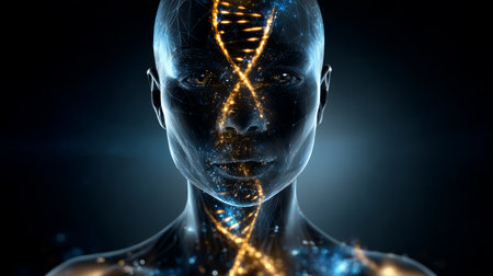 Gene Therapy for Cancer Treatment Concept Cancer therapy with T cells and DNA. Abstract image of human genetics, where glowing DNA mutation threads merge with digital elements.の素材