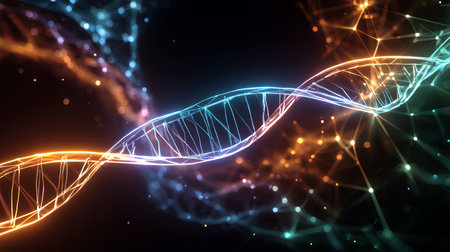 Gene Therapy for Cancer Treatment Concept Cancer therapy with T cells and DNA. Abstract image of human genetics, where glowing DNA mutation threads merge with digital elements.の素材