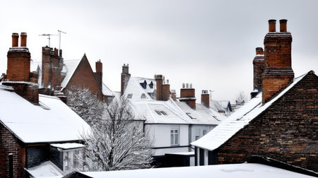 Snow-covered rooftops and chimneys in a quaint village, with a large space in the sky for your text. Merry Christmas and Happy Holidays greeting card, frame, and banner. New Year. Noel. Winter Christmas themeの素材